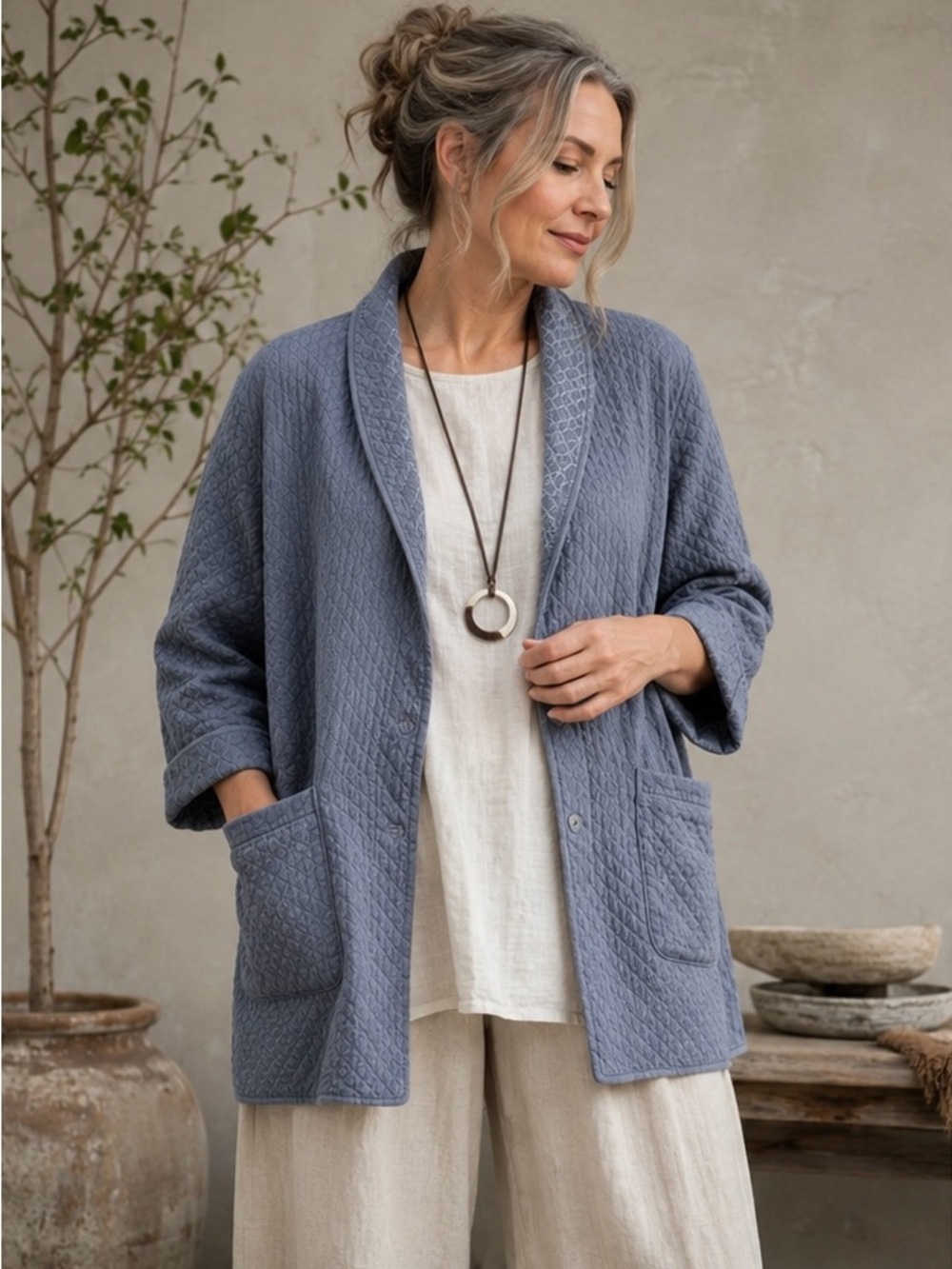 Eileen Fisher Organic Cotton Quilted Lightweight Shacket Slate Blue Medium